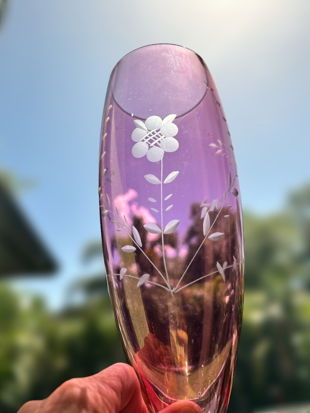 Vintage Cranberry Etched Glass Footed Tall Vase Pink 10" Tall MCM